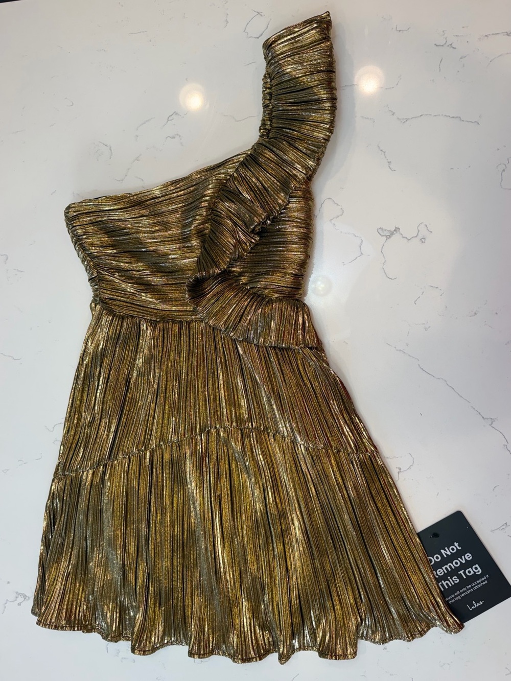 NWT Lulu's Metallic Gold One-Shoulder Ruffle Pleated Dress SIZE MEDIUM